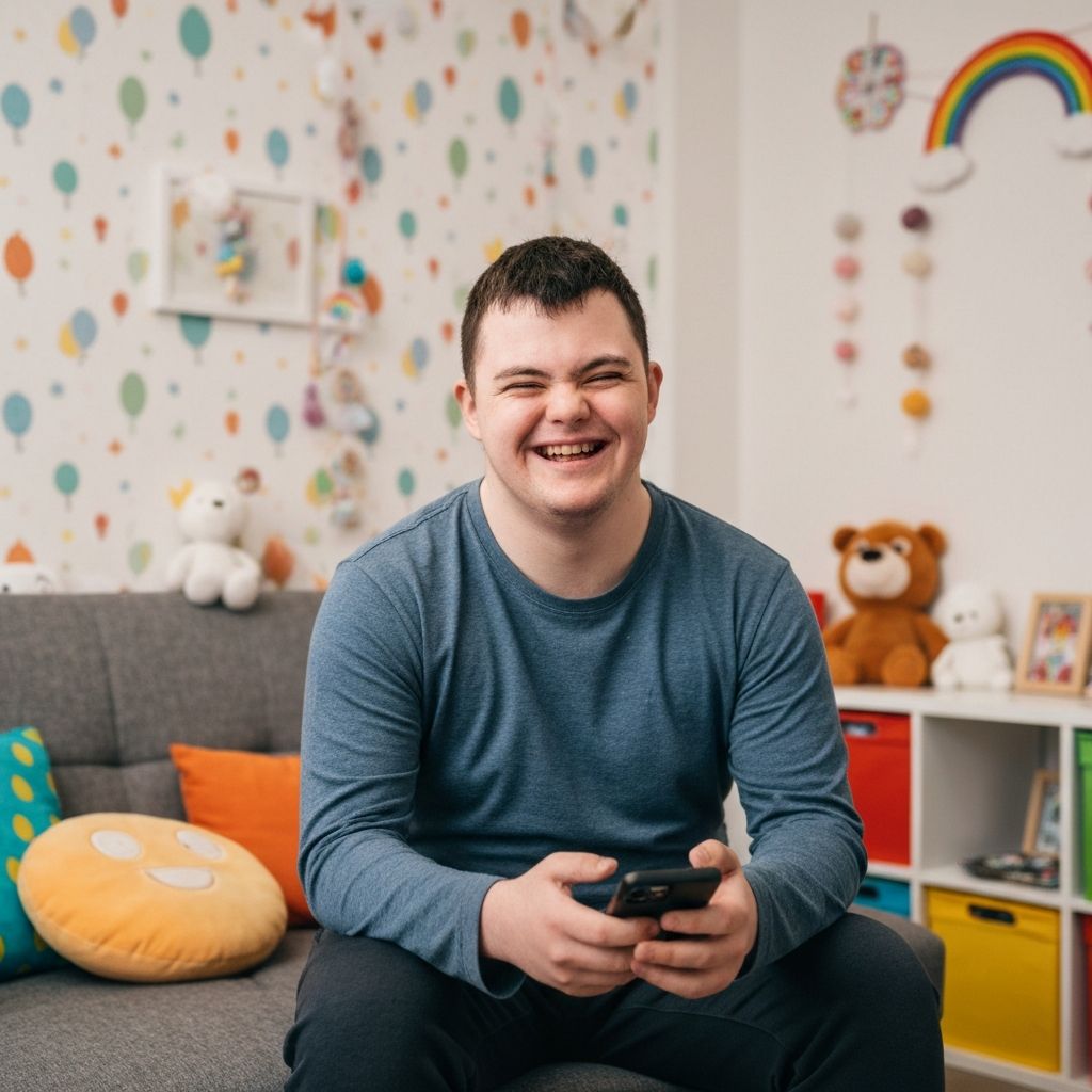 A happy person looking at their phone and smiling.