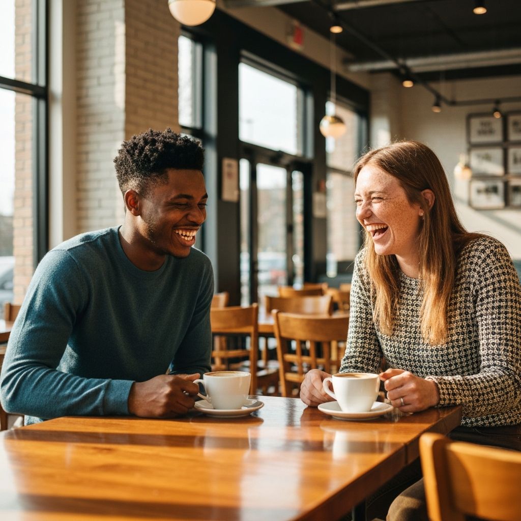 Two people laughing over a cup of coffee.