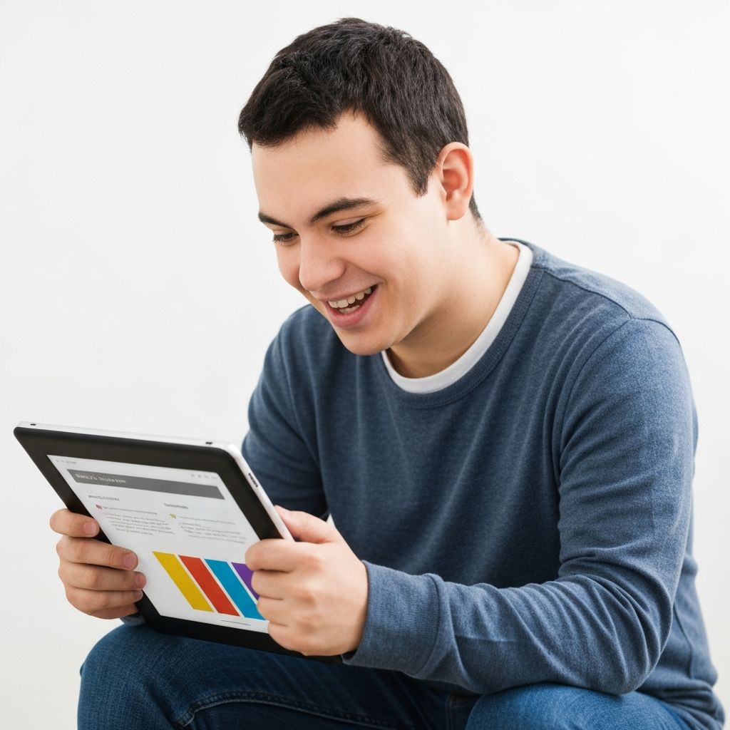 A person smiling while looking at a tablet.